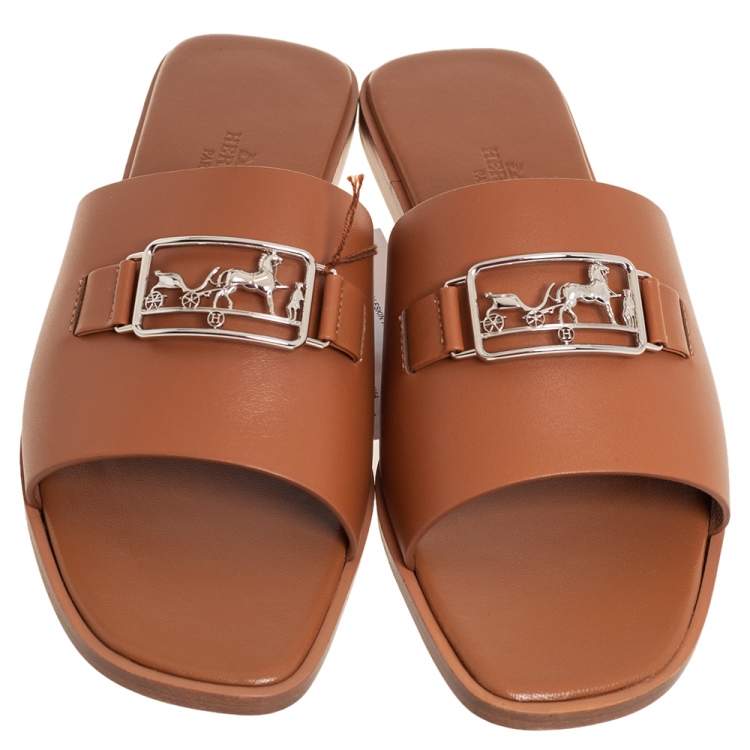 Hermes Brown Leather Villa Flat Slides Sandals Size 37.5