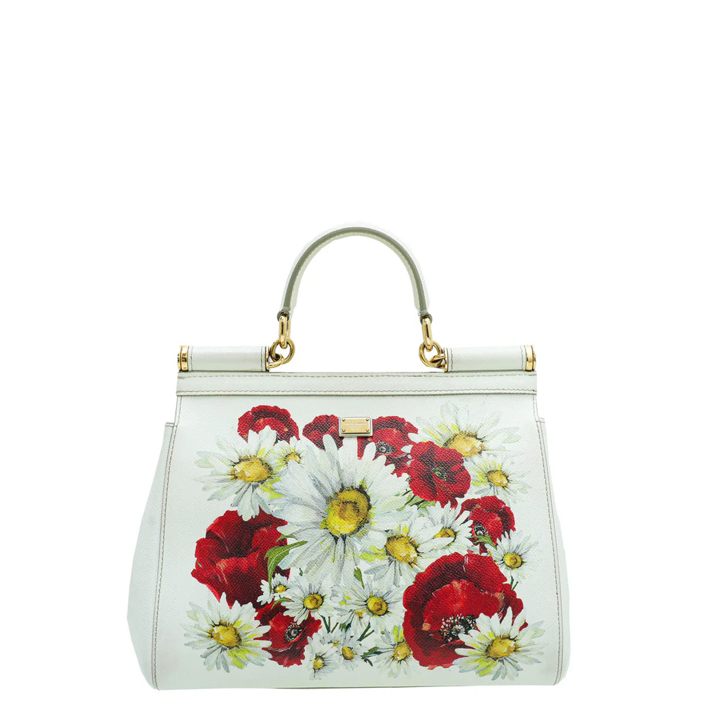 Dolce & Gabbana White Multicolor Flower Print Sicily Medium Bag