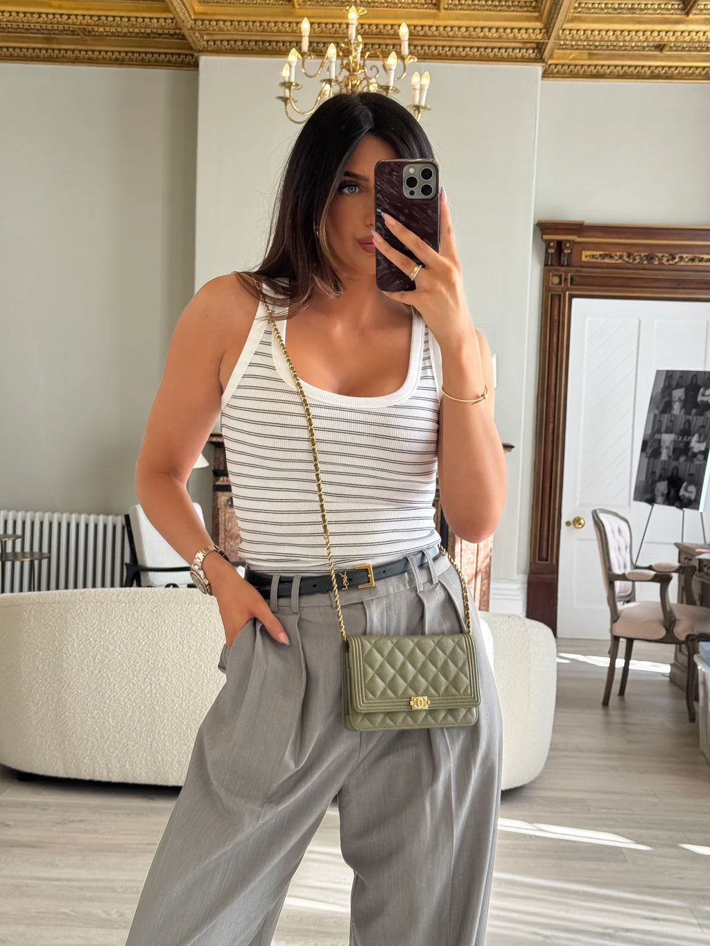 CHANEL BOY WALLET ON CHAIN IN KHAKI CAVIAR LEATHER WITH GHW