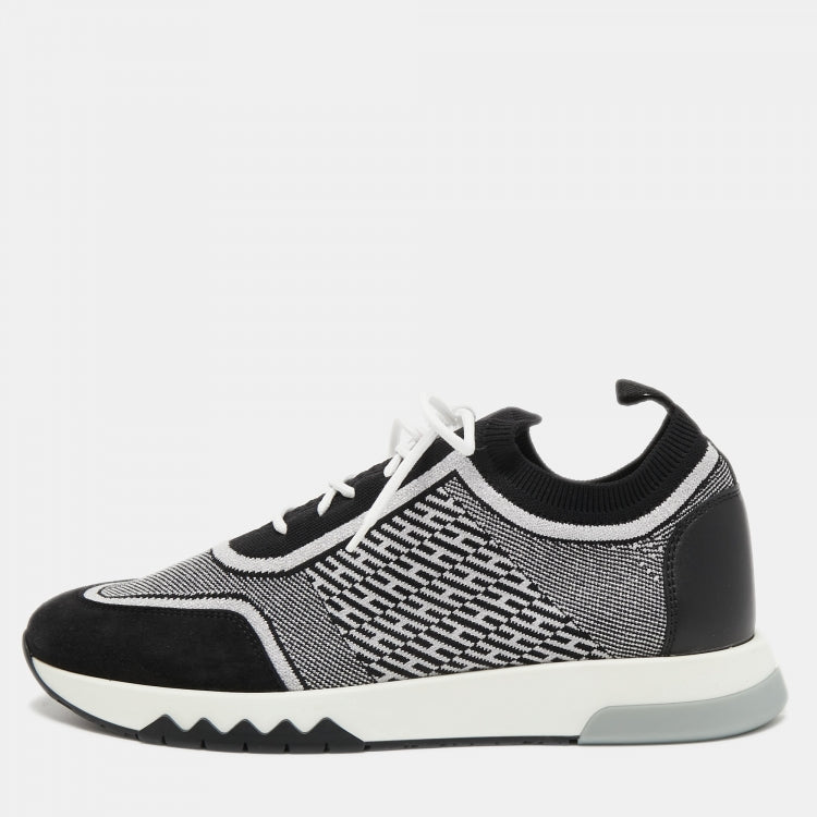 Hermes Black/White Fabric and Suede Addict Sneakers Size 39.5