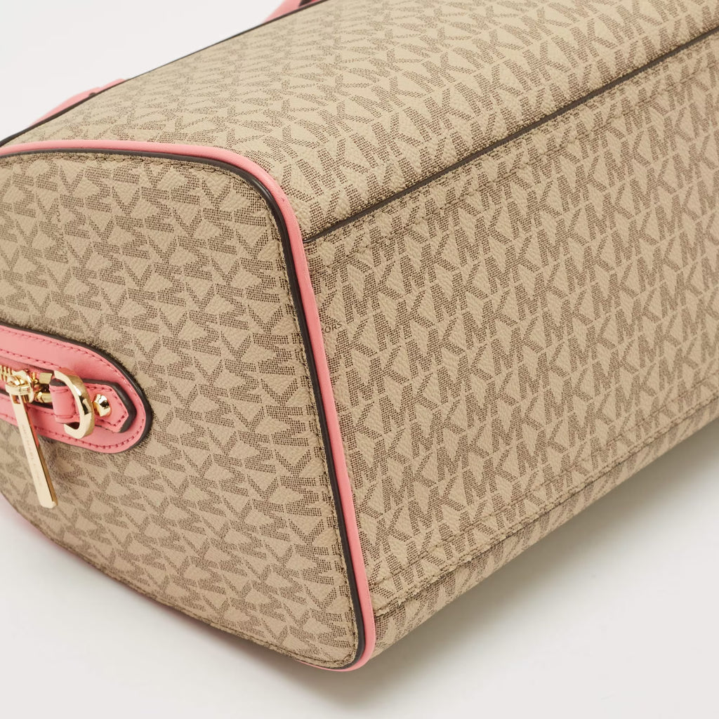 Michael Kors Tea Rose/Beige Signature Coated Canvas Medium Travel Duffle Bag