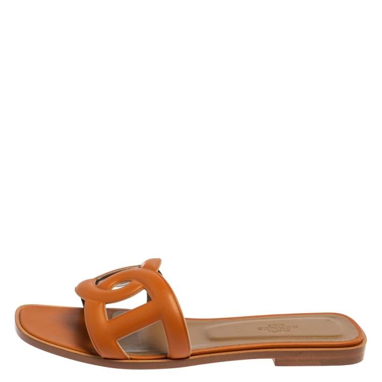 Hermes Tan Leather Omaha Flat Slides Size 38