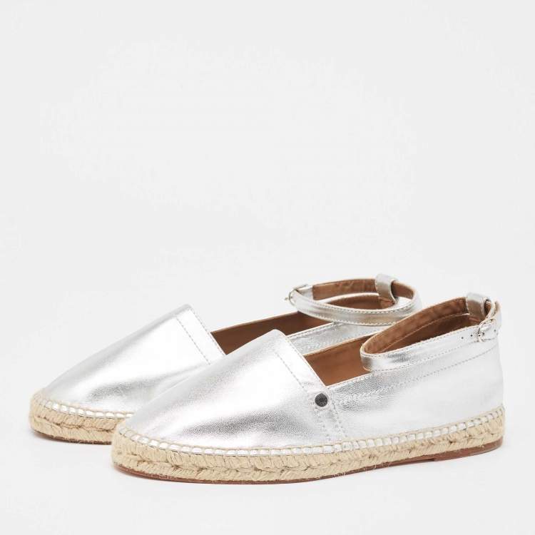 Hermes Silver Leather Malaga Espadrille Flats Size 38