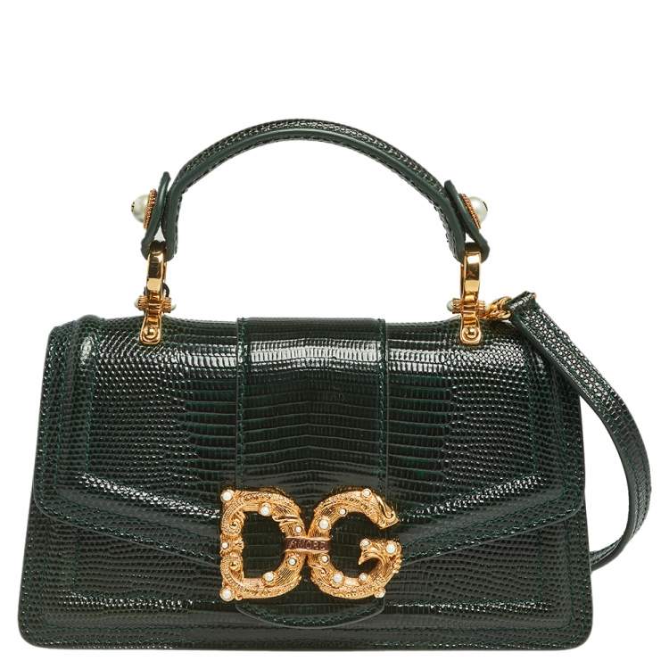 Dolce & Gabbana Green Lizard Embossed Leather Mini DG Amore Top Handle Bag