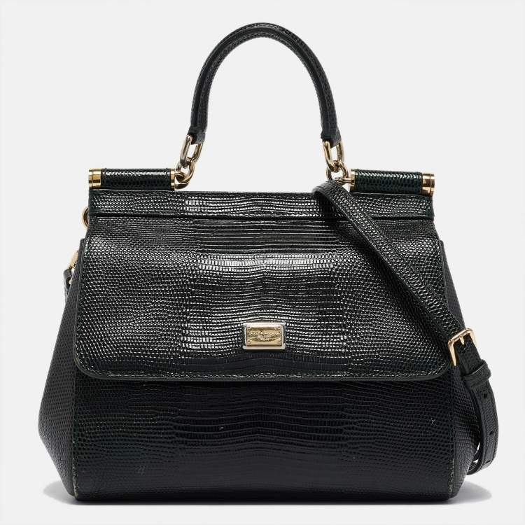 Dolce & Gabbana Green Lizard Embossed Leather Small Miss Sicily Top Handle Bag