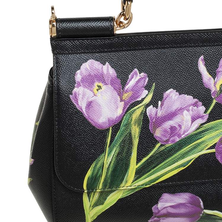 Dolce & Gabbana Black Tulip Print Leather Medium Miss Sicily Top Handle Bag