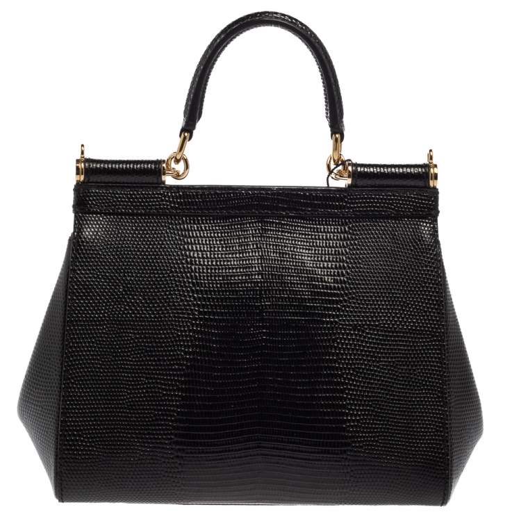 Dolce & Gabbana Black Lizard Embossed Leather Small Miss Sicily Top Handle Bag