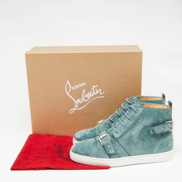 Christian Louboutin Teal Suede Nono Strap Belted Buckle Logo Hi-Top Sneakers Size 43.5