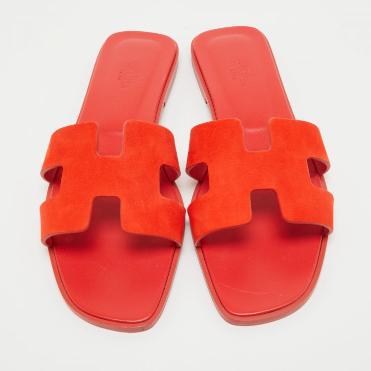Hermes Red Suede Oran Flat Slides Size 41