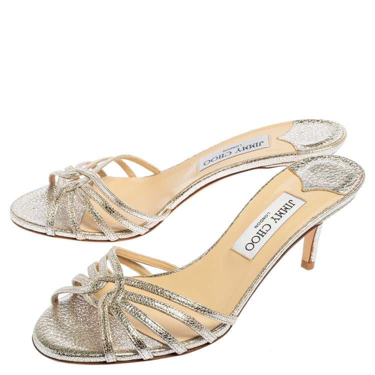 Jimmy Choo Metallic Silver Crinkled Leather Gillian Slide Sandals Size 37.5