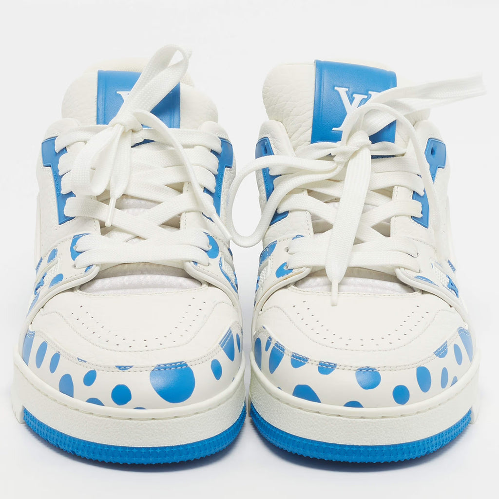Louis Vuitton Yayoi Kusama X Trainer Size 41 White/Blue Leather Lace Up Sneakers