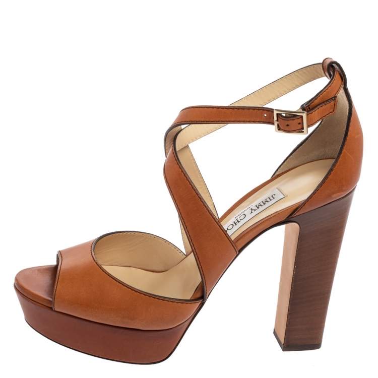 Jimmy Choo Tan Leather April Cross Strap Platform Sandals Size 40.5