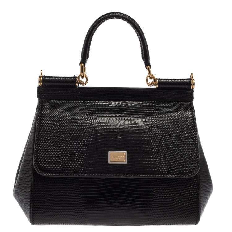 Dolce & Gabbana Black Lizard Embossed Leather Small Miss Sicily Top Handle Bag