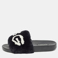 Dolce & Gabbana Black Fur Logo Print Slides Size 37