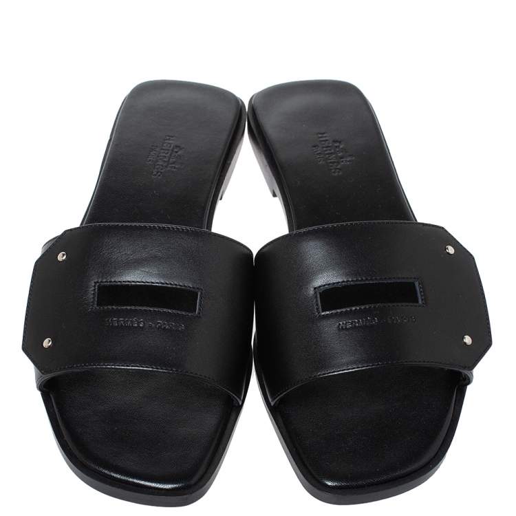 Hermes Black Leather View Slide Sandals Size 38