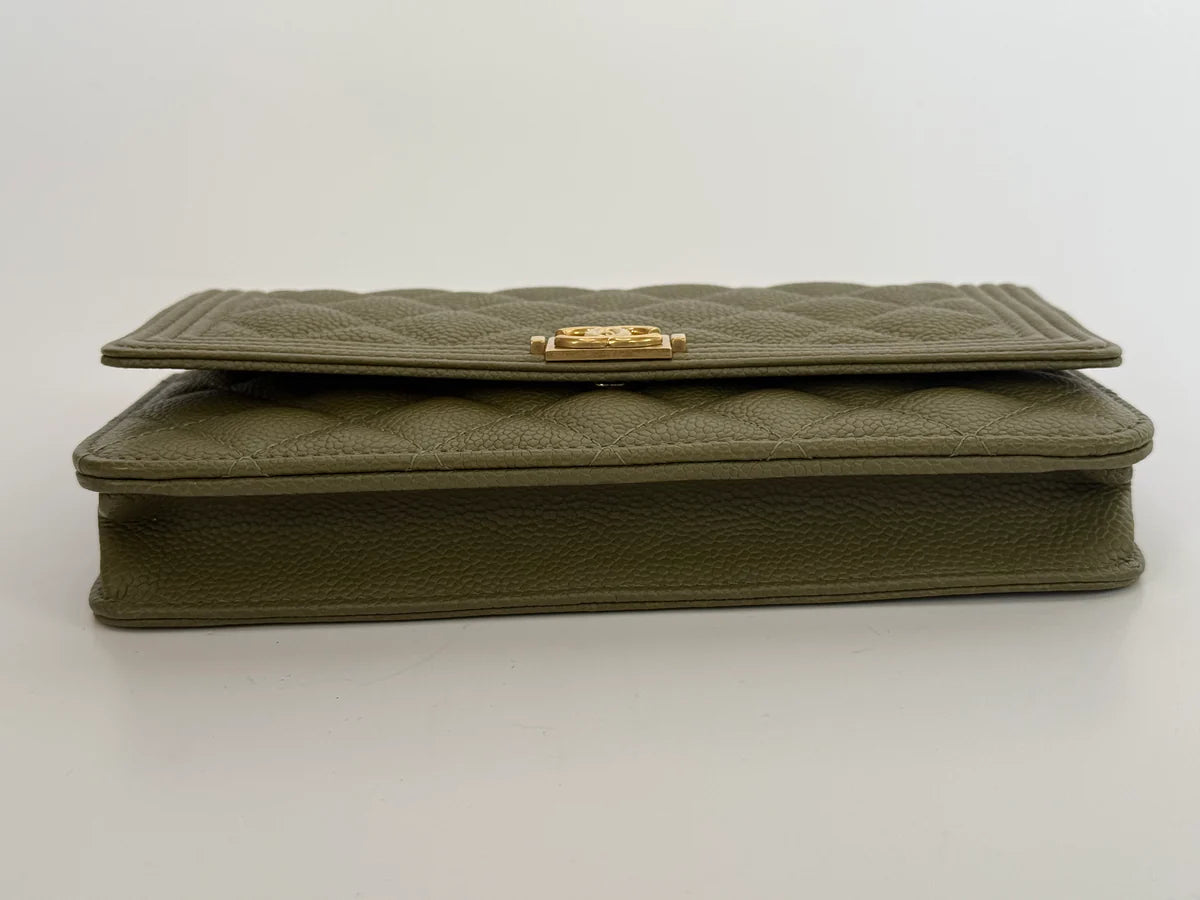 CHANEL BOY WALLET ON CHAIN IN KHAKI CAVIAR LEATHER WITH GHW