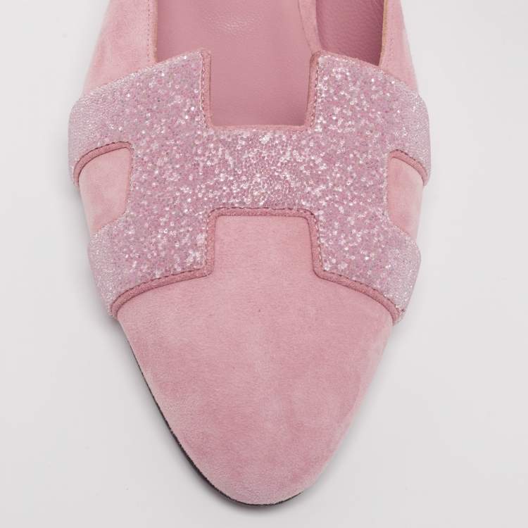 Hermes Pink Glitter And Suede Roxane Mule Flats Size 36