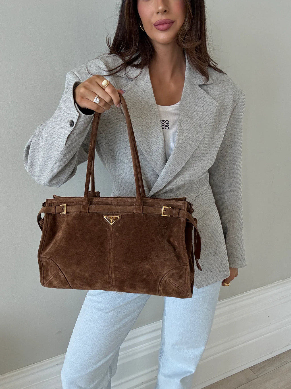 PRADA LARGE BONNIE SUEDE HANDBAG