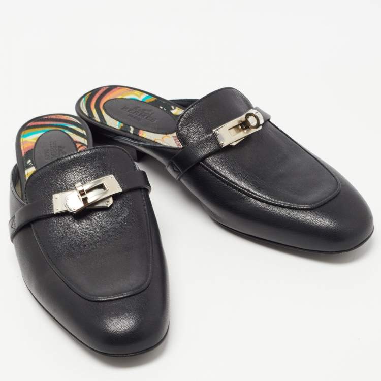 Hermes Black Leather Oz Flat Mules Size 37