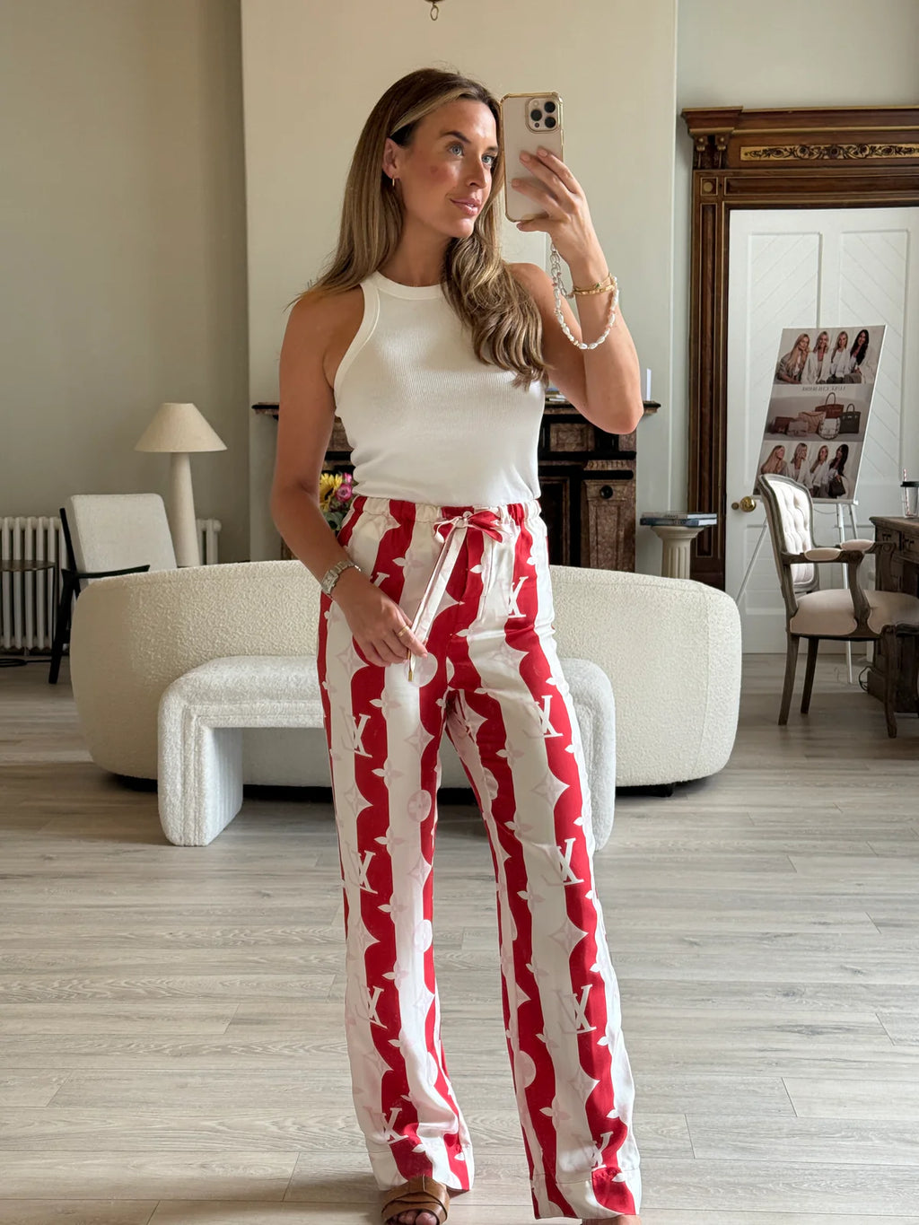 LOUIS VUITTON RED MONOGRAM SILK TWILL TROUSERS ( SIZE 38/10)