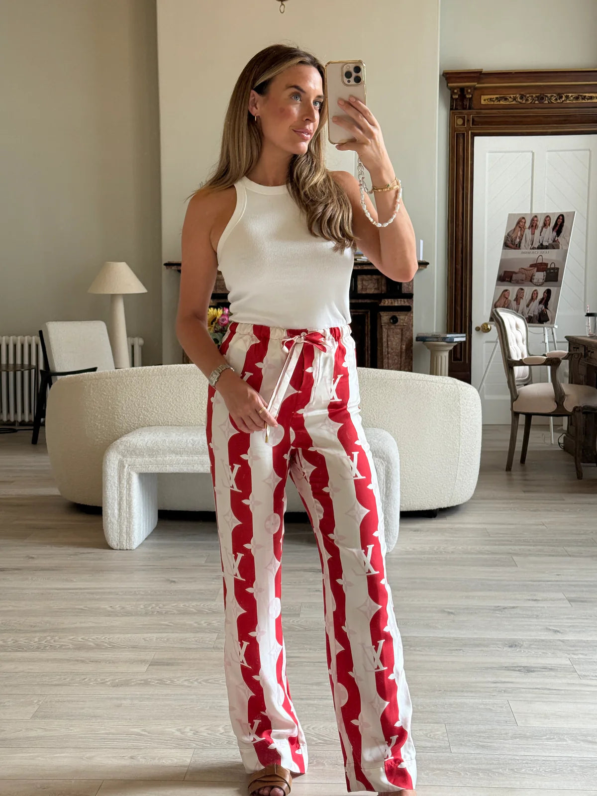 LOUIS VUITTON RED MONOGRAM SILK TWILL TROUSERS ( SIZE 38/10)