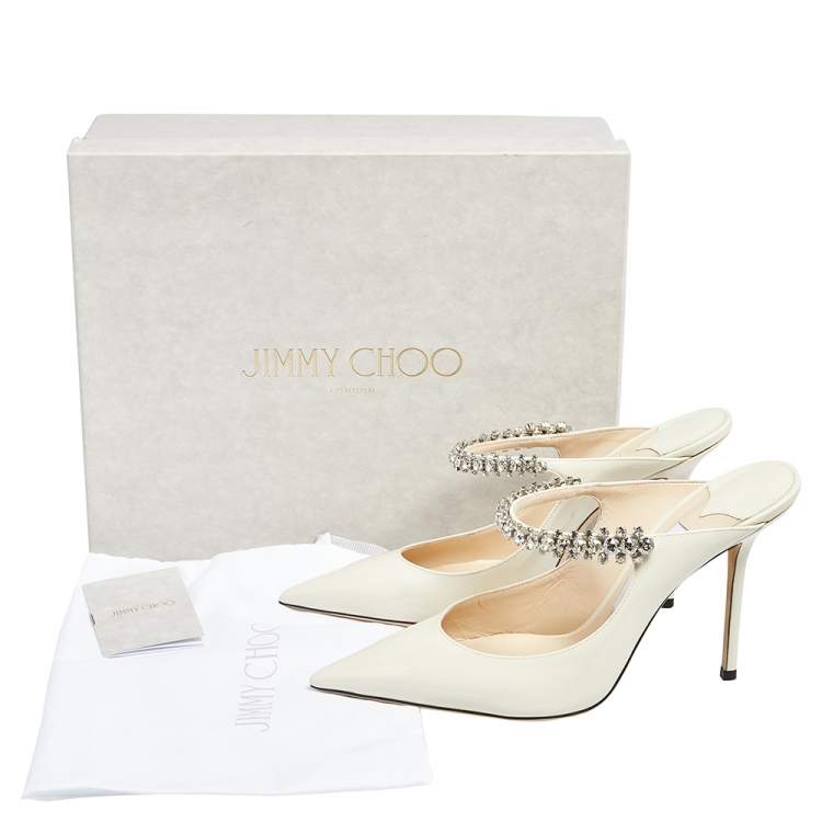 Jimmy Choo Cream Patent Leather Crystal Embellished Pointed Toe Mule Sandals Size 40