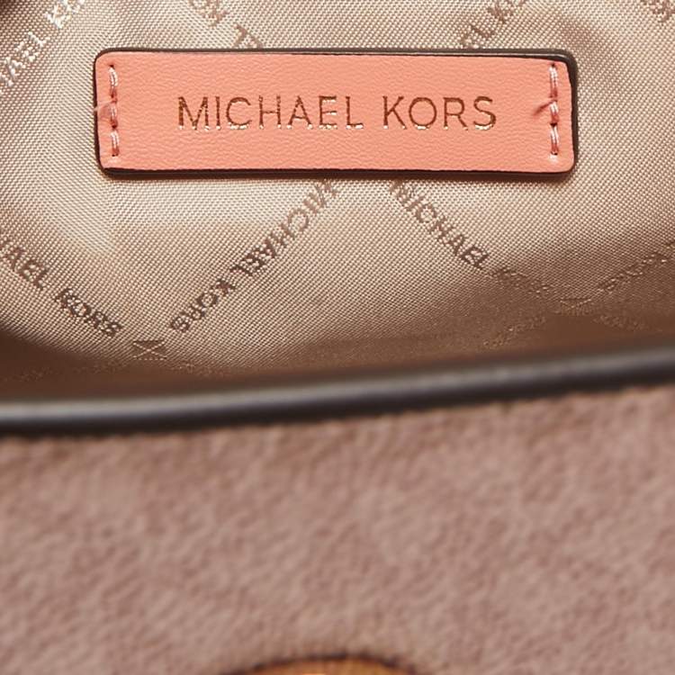 Michael Kors Pink/Peach Signature Coated Canvas Medium Carmen Flap Satchel