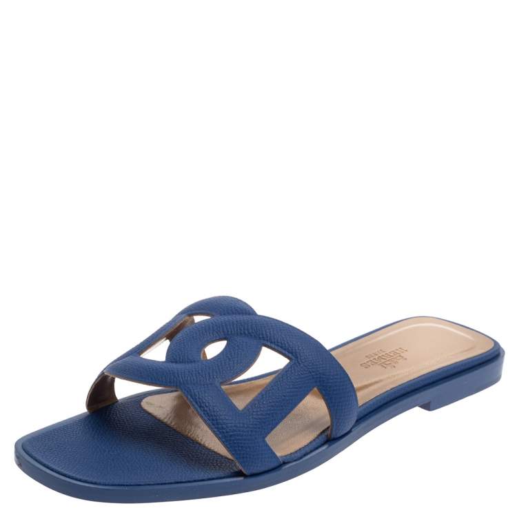Hermes Blue Leather Omaha Sandals Size 37.5