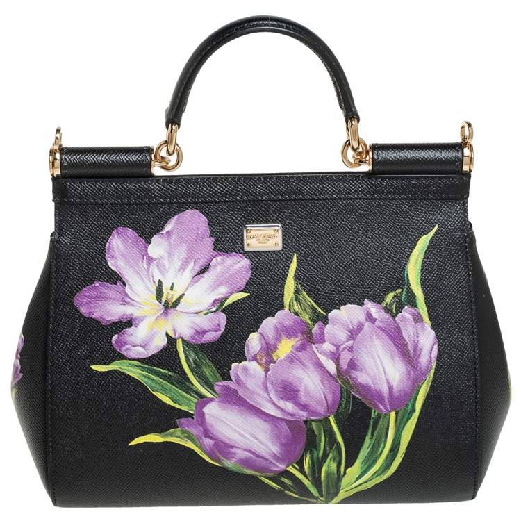 Dolce & Gabbana Black Tulip Print Leather Medium Miss Sicily Top Handle Bag