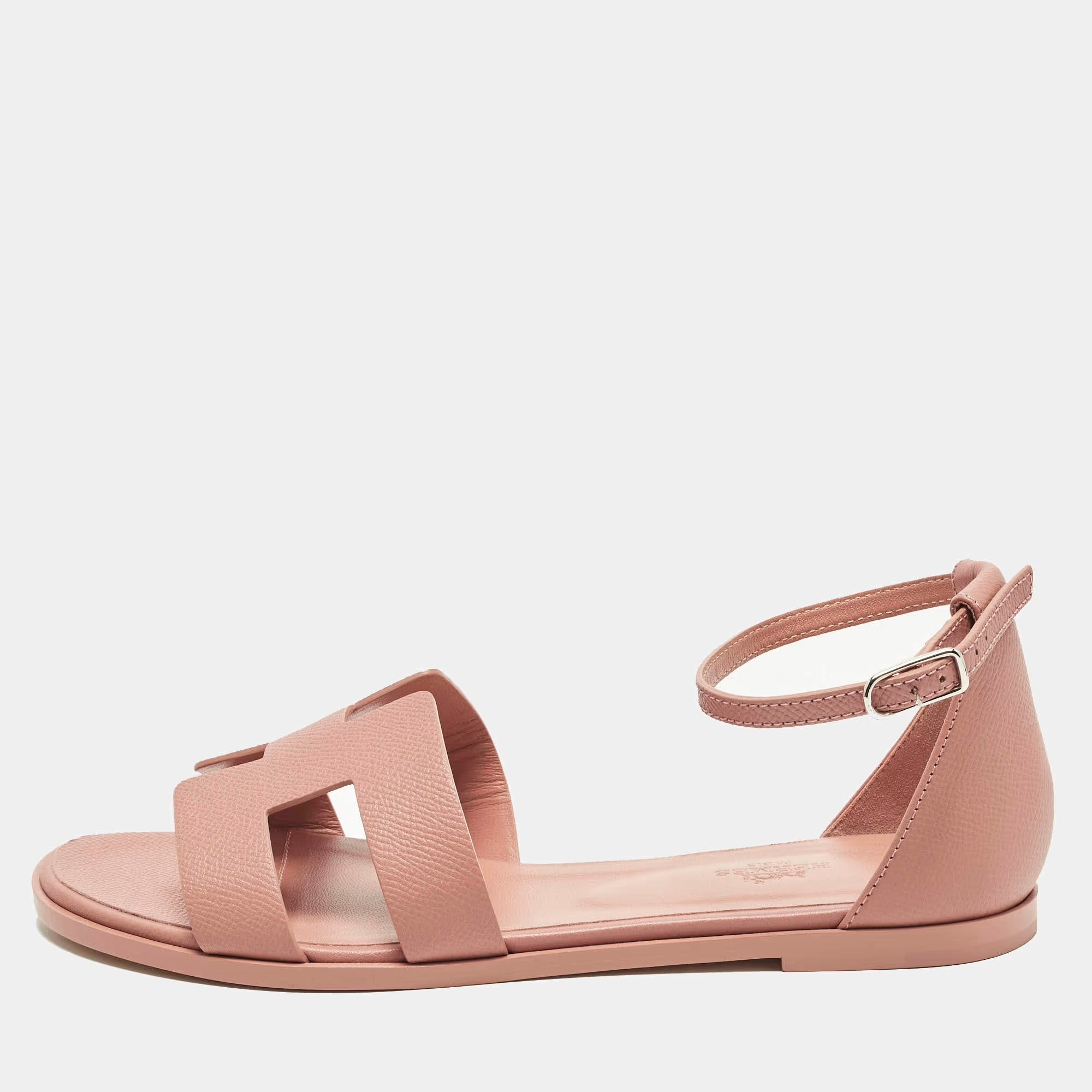 Hermes Santorini Size 39 Pink Leather Ankle Strap Flat Sandals