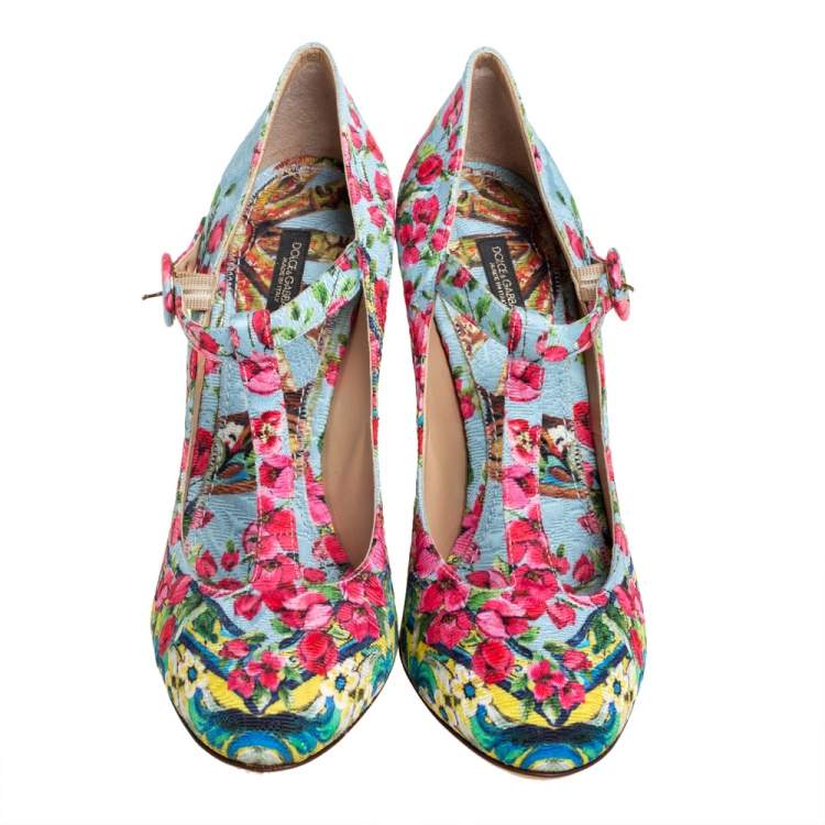 Dolce & Gabbana Blue Floral Print Fabric T-Strap Pumps Size 40