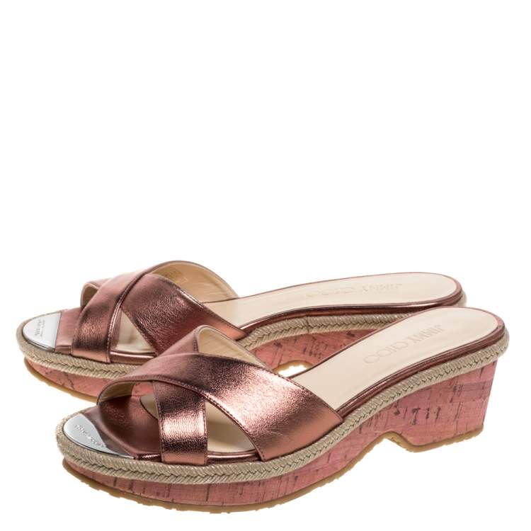 Jimmy Choo Metallic Bronze Leather Prima Cork Wedge Slide Sandals Size 38