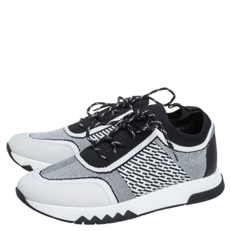 Hermes Black/White Suede And Knit Fabric Addict Sneakers Size 38.5