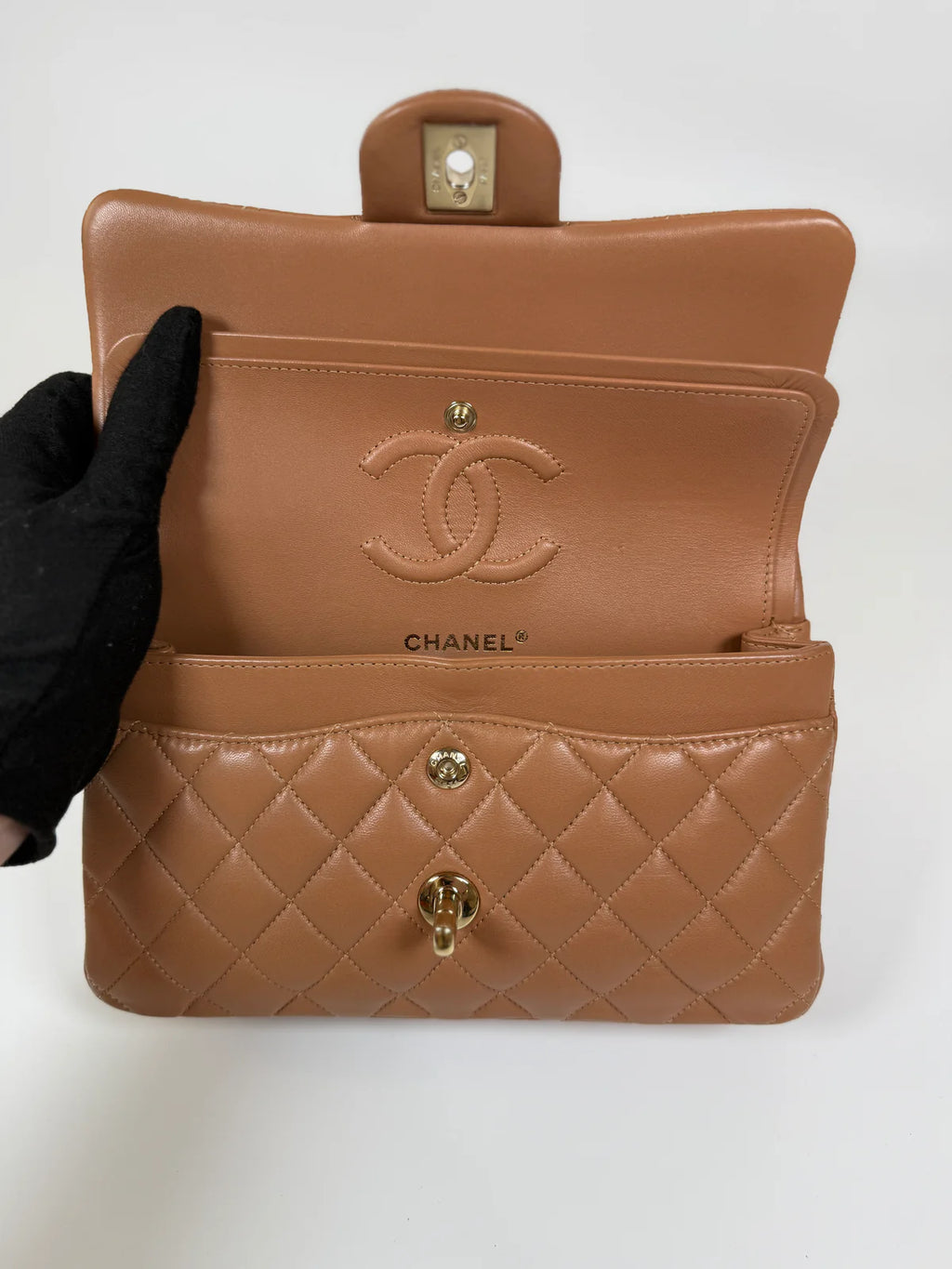 CHANEL SMALL CLASSIC DOUBLE FLAP IN BROWN LAMBSKIN LEATHER WITH GHW