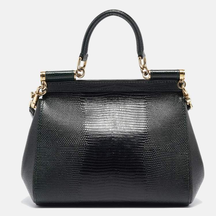 Dolce & Gabbana Green Lizard Embossed Leather Small Miss Sicily Top Handle Bag