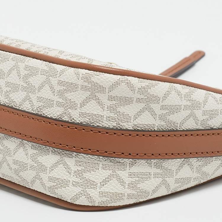 Michael Kors White/Brown Signature Coated Canvas and Leather Jet Set Charm Pochette Bag