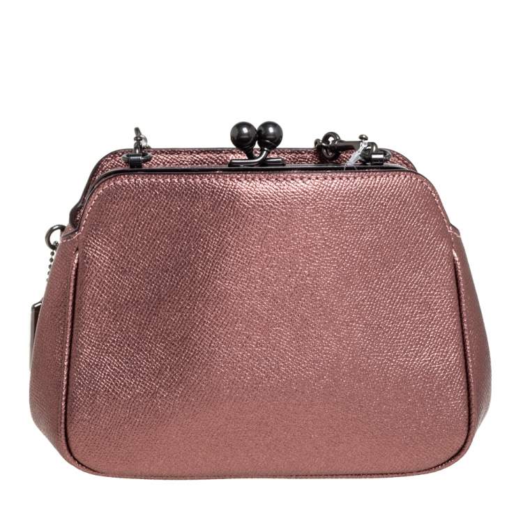Coach Metallic Pink Leather Pearl KissLock Crossbody Bag