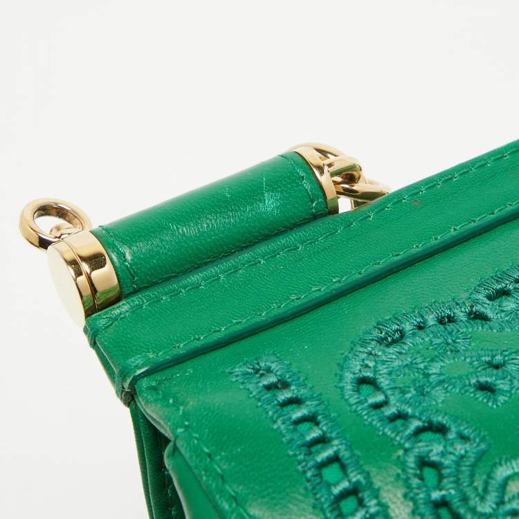 Dolce & Gabbana Green Leather Small Embroidered Miss Sicily Top Handle Bag