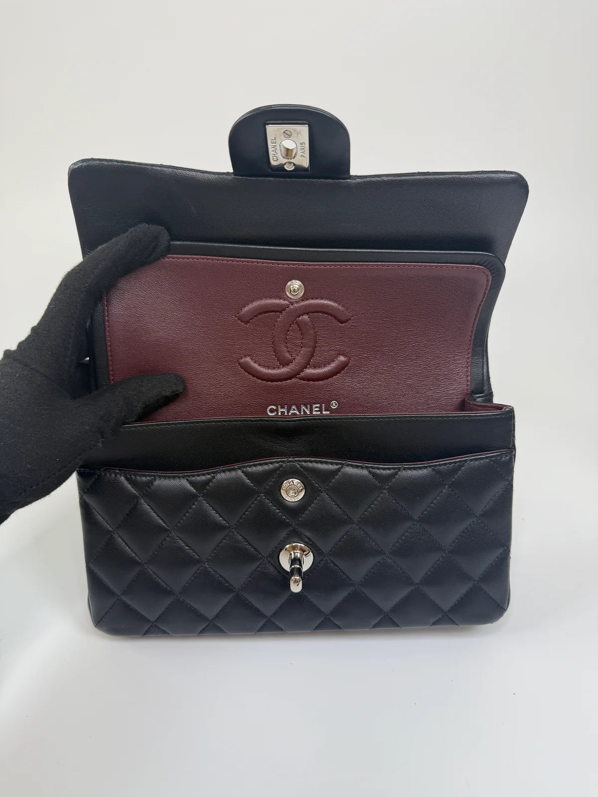 CHANEL SMALL CLASSIC DOUBLE FLAP IN BLACK LAMBSKIN LEATHER WITH SHW