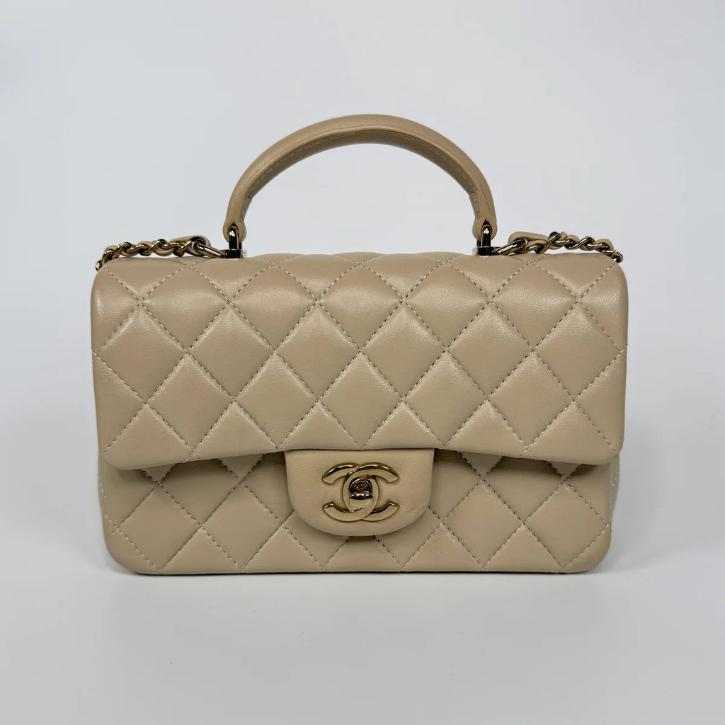 CHANEL MINI RECTANGLE TOP HANDLE IN ECRU LAMBSKIN LEATHER WITH GHW
