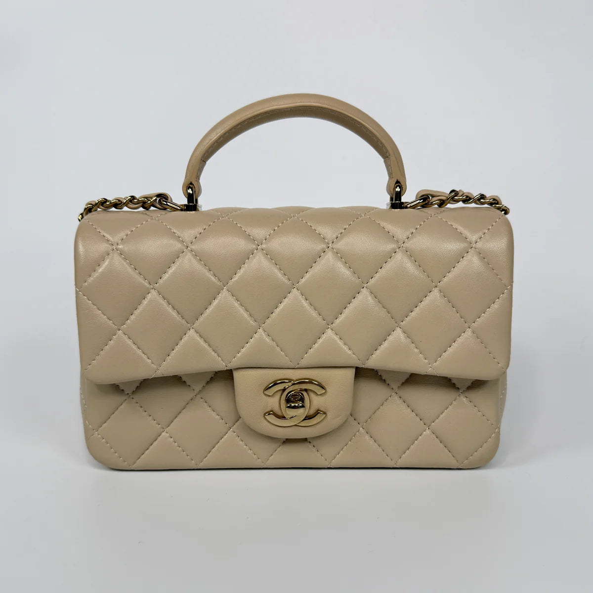 CHANEL MINI RECTANGLE TOP HANDLE IN ECRU LAMBSKIN LEATHER WITH GHW