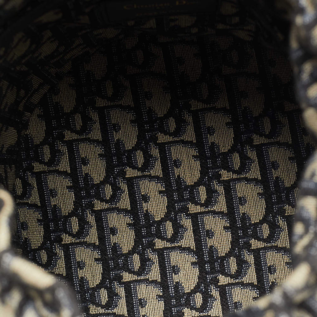 Dior Wicker Drawstring Navy Blue Oblique Canvas and Rattan Bucket Bag