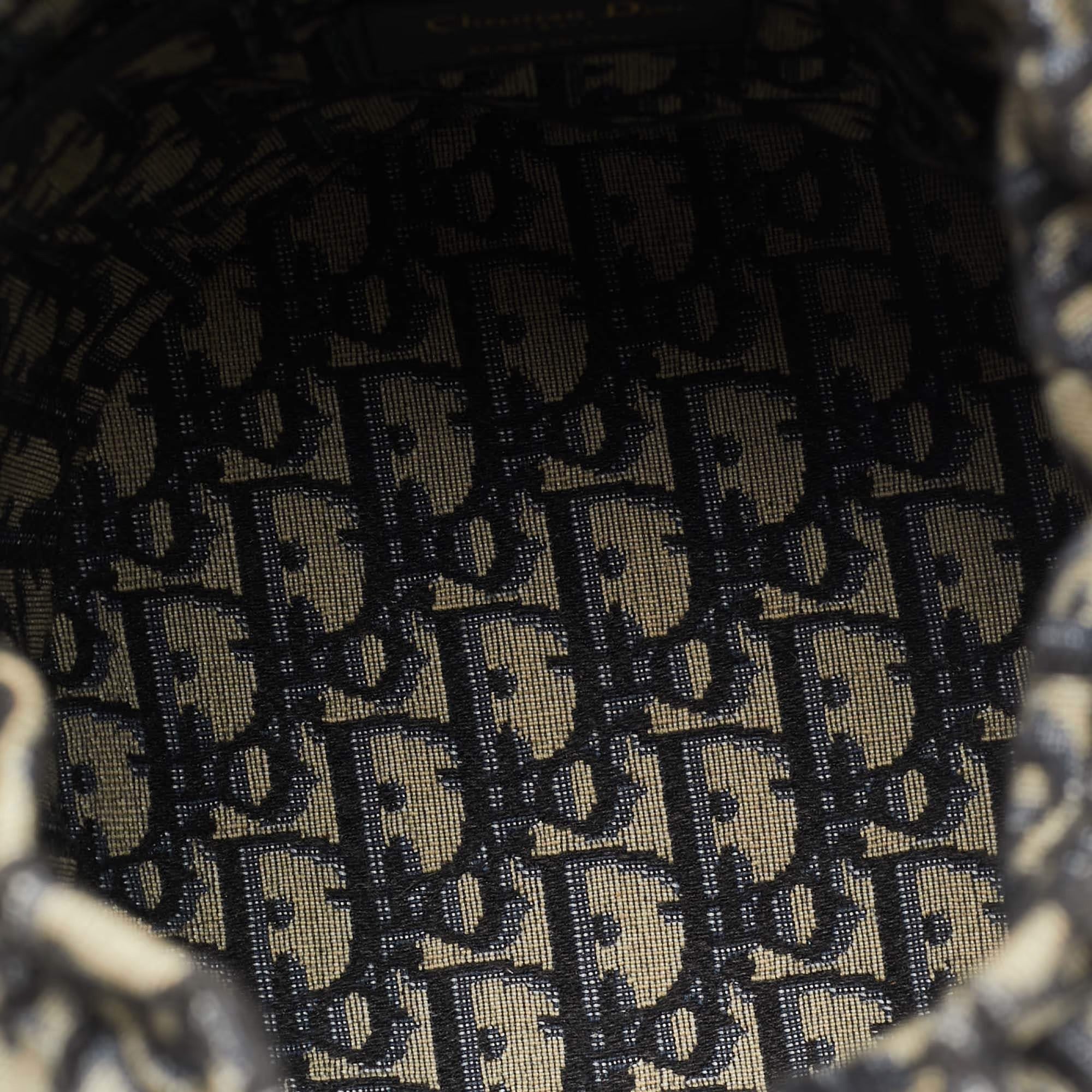 Dior Wicker Drawstring Navy Blue Oblique Canvas and Rattan Bucket Bag