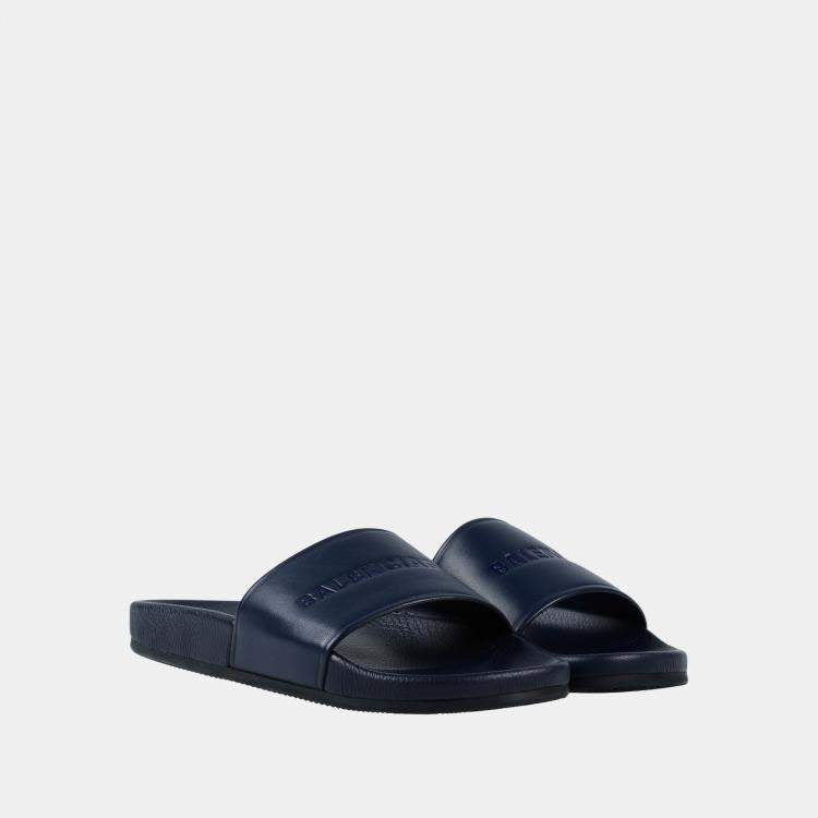 Balenciaga Navy Blue Leather Pool Slides 39