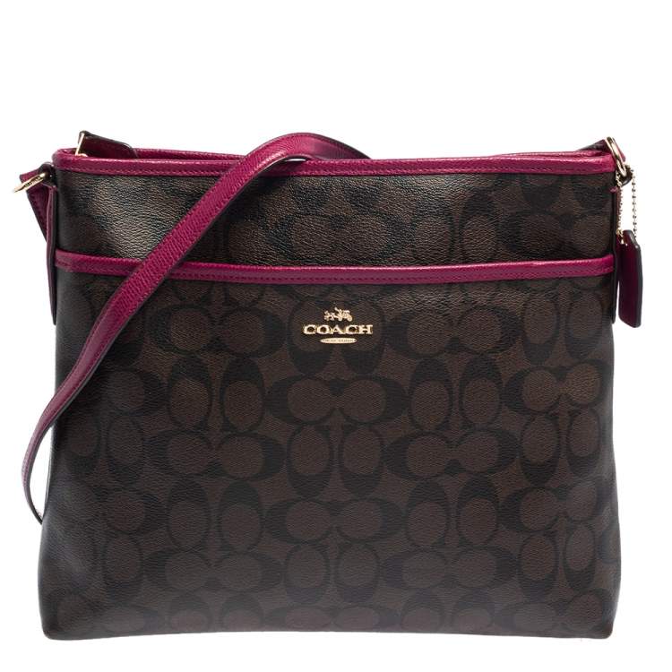 Coach Fuchsia/Brown Signature Coated Canvas and Leather Crossbody Bag