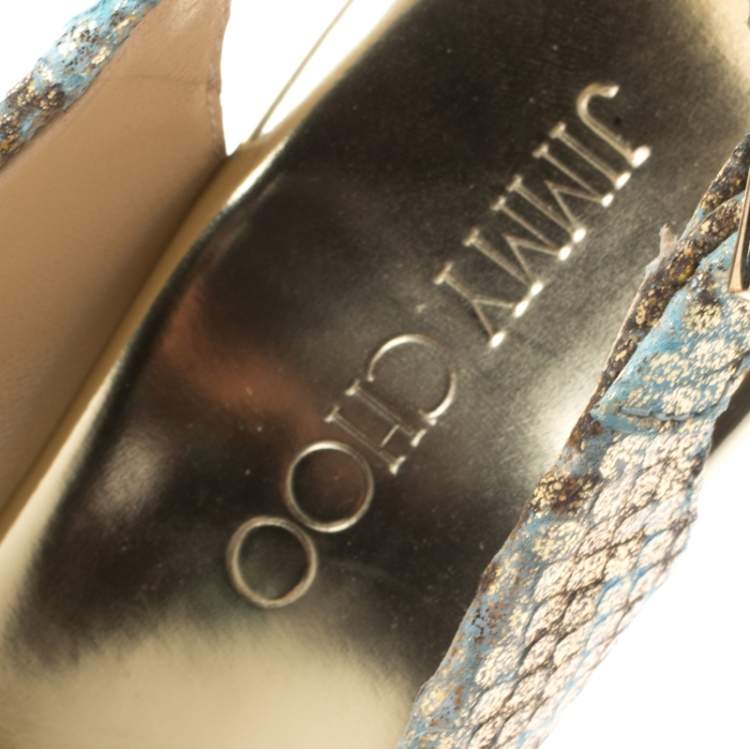 Jimmy Choo Metallic Tea Rose Mix Embossed Python Leather Prova Slingback Cork Wedge Sandals Size 38.5