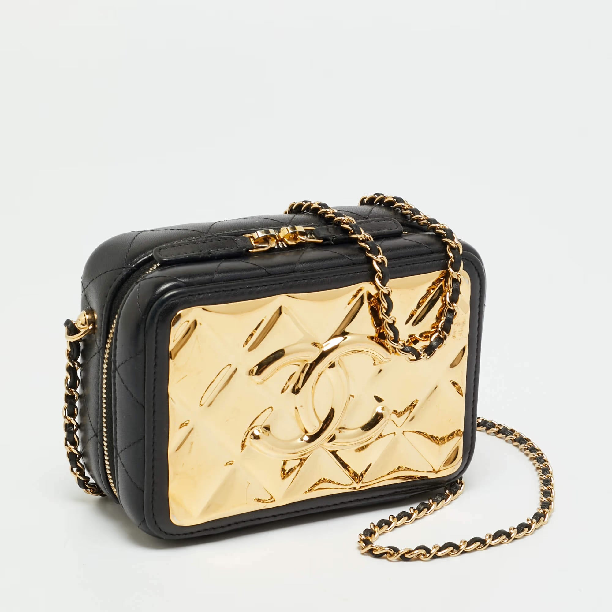 Chanel Vanity CC Metal Plate Mini Black/Gold Quilted Leather Shoulder Bag