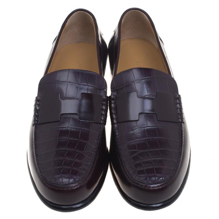 Hermes Dark Brown Croc Leather Loafers Size 44
