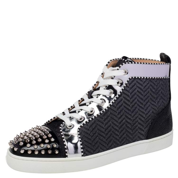 Christian Louboutin Black/Silver Leather And Woven Fabric Spikes Orlato Flat Sneakers Size 44.5