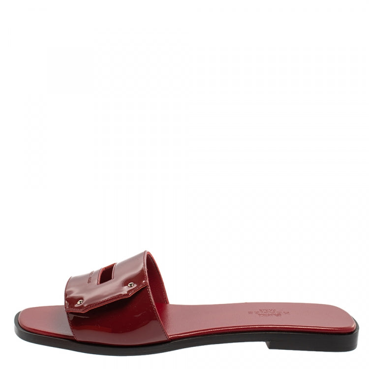 Hermes Burgundy Patent Leather View Flats Size 37